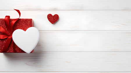 Valentine's day greeting card. Red gift box with heart on white wooden background. Top view with copy spaceの素材