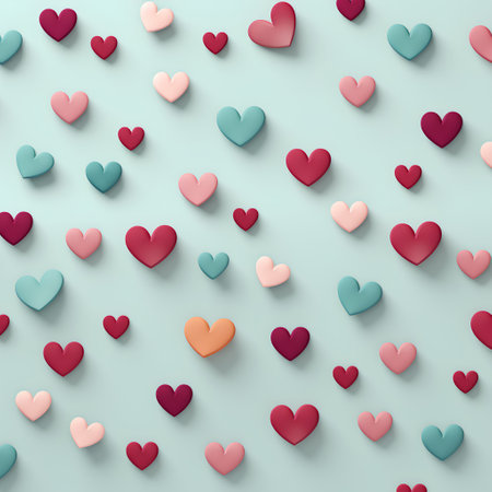 Seamless pattern with colorful hearts on blue background. 3d illustrationの素材