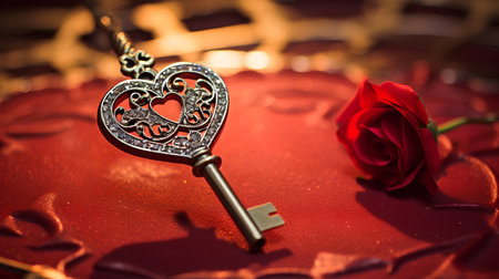 Valentine's Day background with heart shaped key and red roseの素材