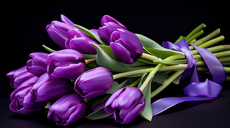 Bouquet of purple tulips on a black background. Studio photography.の素材