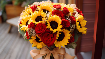 Bouquet of sunflowers and roses in a vaseの素材