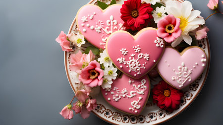 Heart-shaped cookies decorated with pink glaze on a plate with flowers.の素材