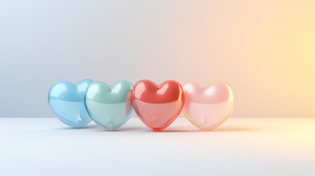 3d render of colorful hearts in a row on a white backgroundの素材