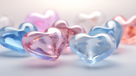 3d render of glass hearts on a white background. Valentines day conceptの素材