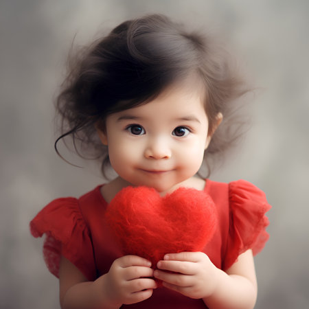 Portrait of a beautiful little girl in a red dress holding a red heartの素材