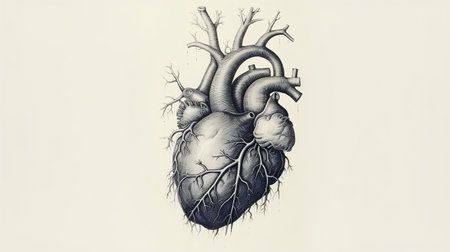 Human heart with veins and arteries. Vector illustration in vintage style.の素材