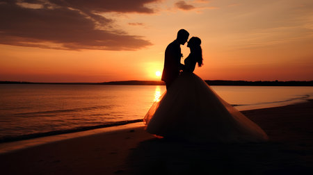 Silhouette of a bride and groom on the beach at sunsetの素材
