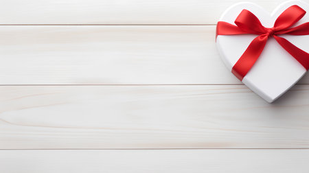 White gift box with red ribbon in shape of heart on wooden backgroundの素材