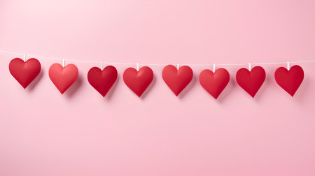 Valentine's day background with hanging red hearts. Vector illustration.の素材