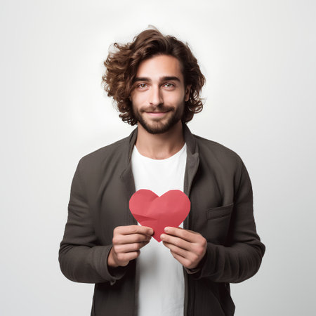 Handsome young man holding red paper heart and smiling at cameraの素材