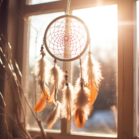 Dream catcher with feathers threads and beads rope hanging. Dreamcatcher handmadeの素材