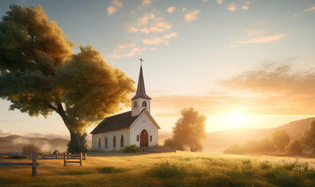 Church in the meadow at sunset. 3d rendering. Computer digital drawing.の素材
