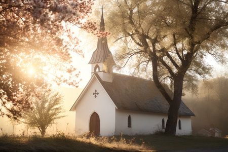 Church in the forest at sunrise. Religion concept. Vintage style.の素材