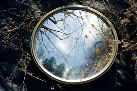 Reflection of tree branches in a mirror. Spring time concept.の素材