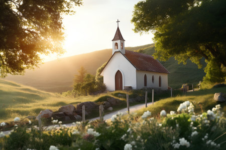 Beautiful church in the mountains at sunset. Dramatic and picturesque scene.の素材