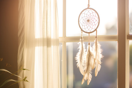 Dream catcher with feathers threads and beads rope hanging. Dreamcatcher handmadeの素材