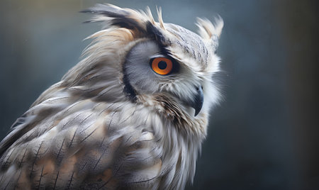 Portrait of a beautiful owl with orange eyes on a winter backgroundの素材