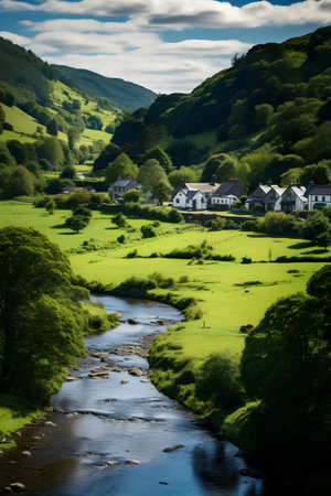 Beautiful landscape image of a river flowing through a valley in the English countrysideの素材
