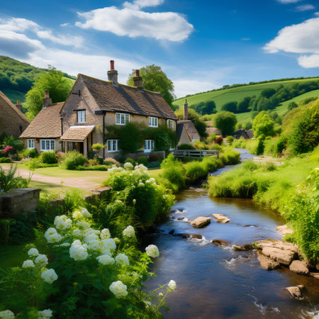 Beautiful summer landscape of English countryside. Countryside with river and cottage.の素材