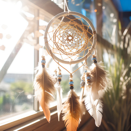 Dream catcher with feathers threads and beads rope hanging. Dreamcatcher handmadeの素材