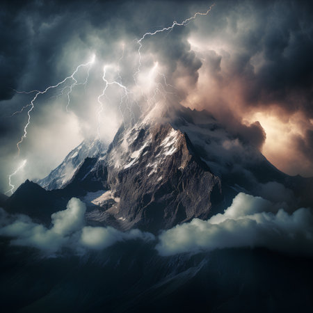 Stormy mountain landscape with lightning in the sky. 3D Renderingの素材