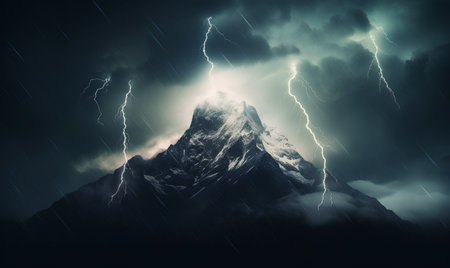 Lightning over a mountain peak in the clouds. 3d renderingの素材