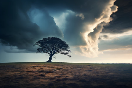 Dramatic dark stormy sky over lonely tree, 3d renderの素材