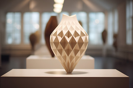 3d render of low poly rhombus shape in modern art galleryの素材