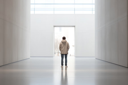 businessman standing in modern office with white walls, concrete floor and big windowsの素材