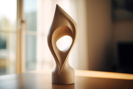 Wooden sculpture on the table in the interior of the room.の素材