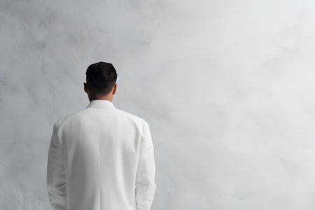 Back view of businessman in white suit looking at grey wall. Mock upの素材