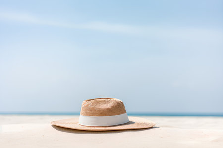 Summer hat on the beach with sea and sky background. Vacation concept.の素材