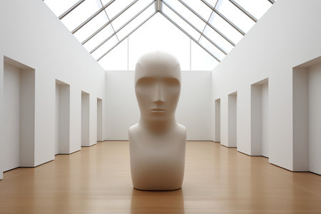 Modern art gallery interior with a mannequin head. 3D renderingの素材