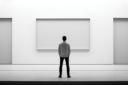 Man looking at blank picture frame in gallery. Presentation concept.の素材