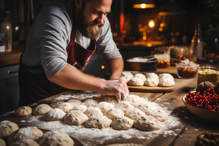 Man kneading dough on a wooden table in the kitchen.の素材