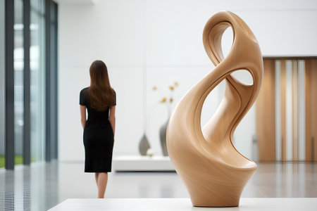 Woman standing in modern interior and looking at sculpture. 3D Renderingの素材