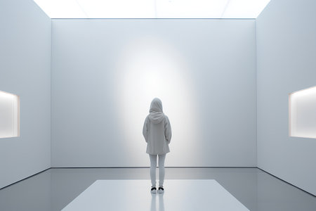 Hooded woman in a white cloak in an empty room. 3d renderingの素材