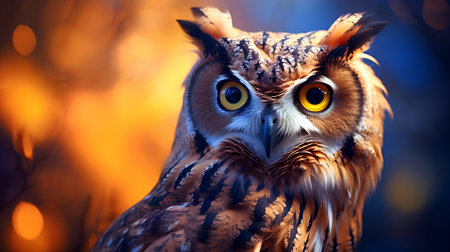 Beautiful owl on a background of the autumn forest. 3d renderingの素材