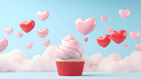Valentine's day cupcake with heart shaped balloons. 3D Renderの素材