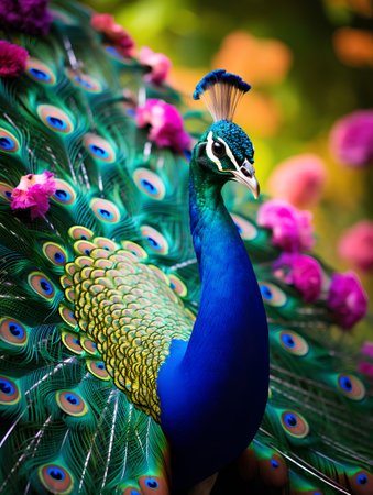 Beautiful peacock with colorful feathers on bokeh background.の素材