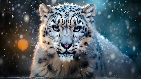 Snow leopard portrait in the rain. Beautiful snow leopard.の素材