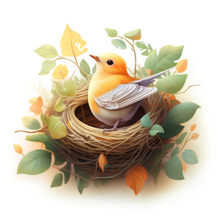 Bird in the nest with leaves. Vector illustration on white background.の素材