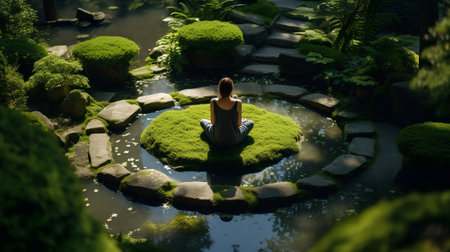 Woman meditating in the garden. Relaxation in nature concept.の素材