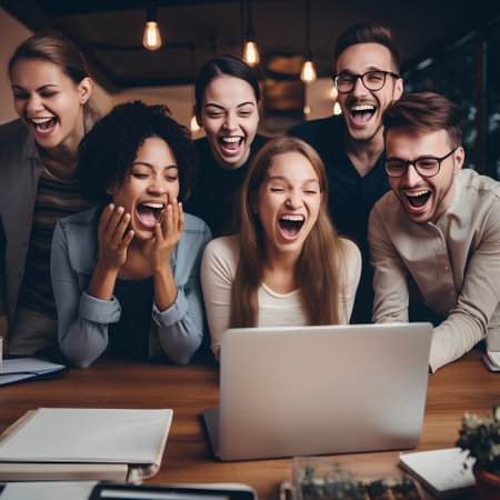 Group of happy young business people are laughing, looking at laptop and smiling while working in officeの素材