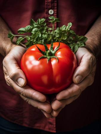 Hands of senior man holding fresh ripe red tomato with green basil leavesの素材