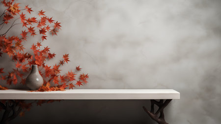 Vase with autumn maple leavesle shelf. 3d renderの素材