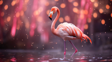 Flamingo in the rain on a dark background. 3d renderingの素材