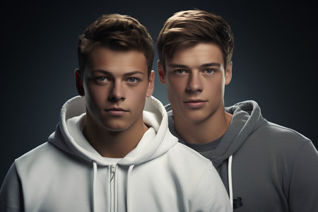 Portrait of two young men in white hoodies. Men's beauty, fashion.の素材
