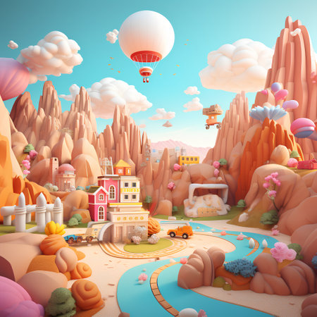 Videogame landscape with castle, hot air balloons and cloudsの素材