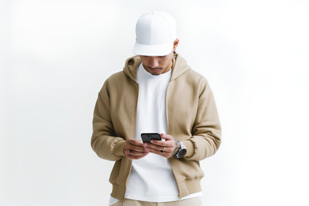 Portrait of a handsome young man in a white cap using a mobile phone.の素材